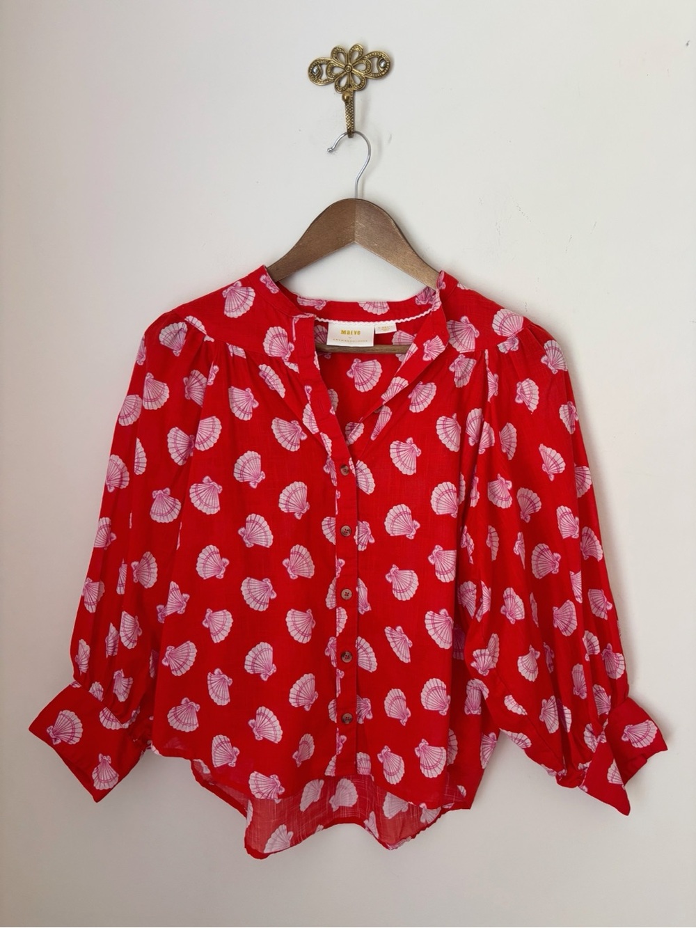 Maeve Red Seashell Print Button Down Shirt XS